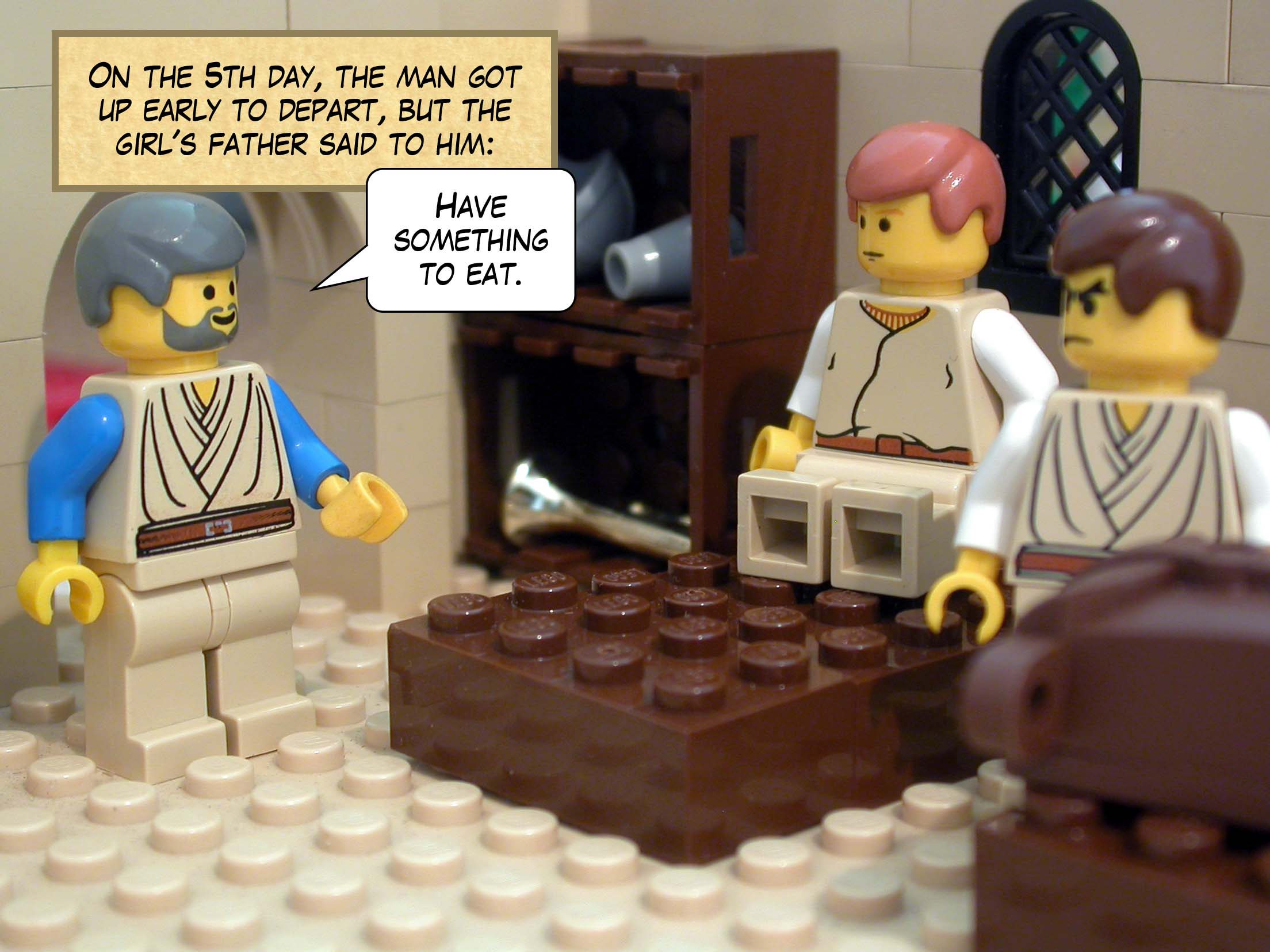 On the fifth day, the man got up early to depart, but the girl's father said to him, 'Have something to eat.'