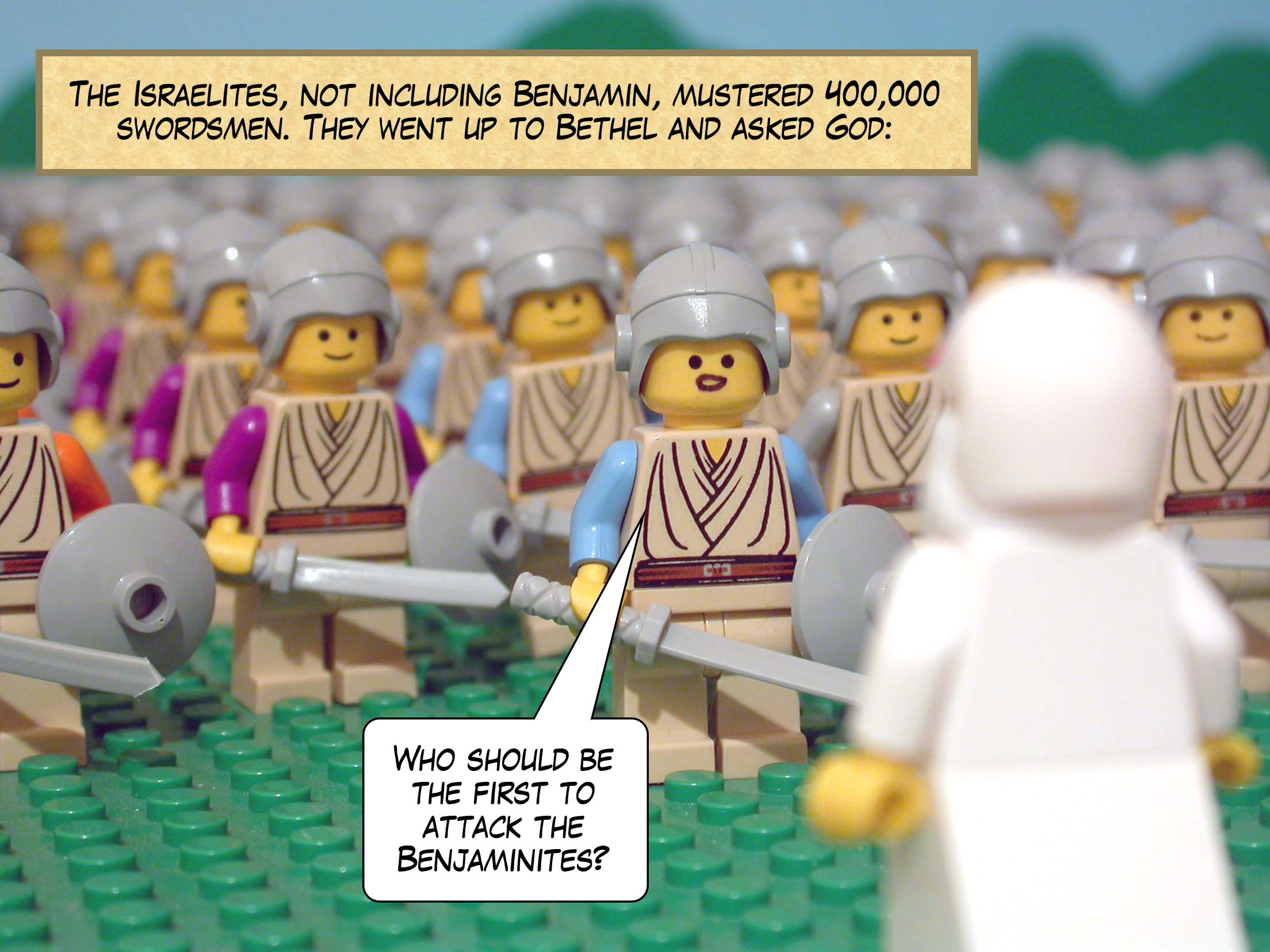 The Israelites, not including Benjamin, mustered 400,000 swordsmen. They went up to Bethel and asked God, 'Who should be the first to attack the Benjaminites?'