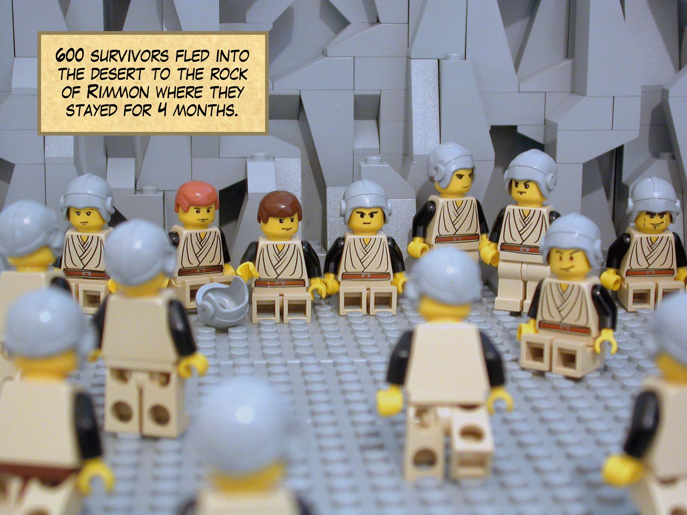Six hundred survivors fled into the desert to the rock of Rimmon where they stayed for four months.