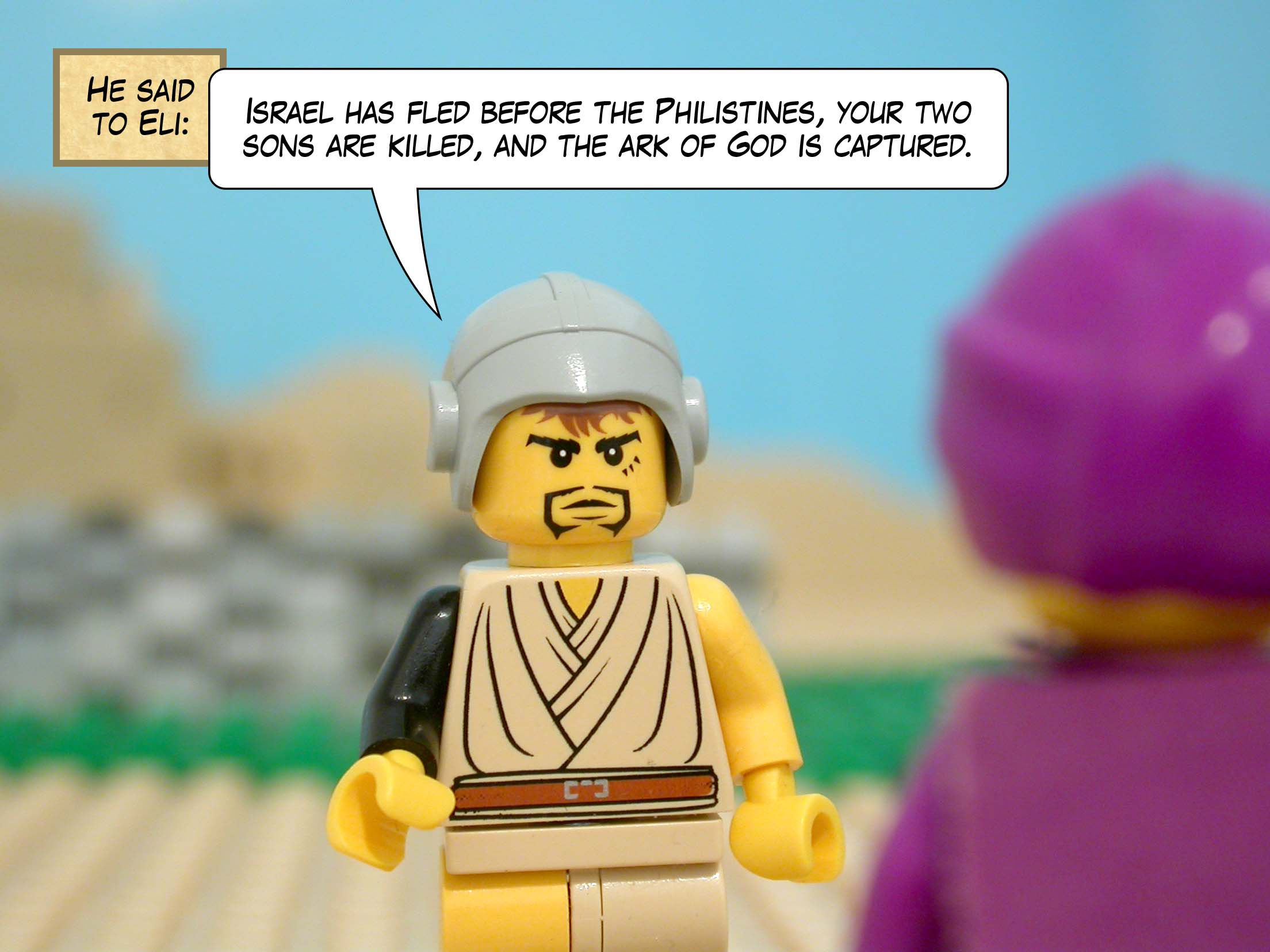 He said to Eli, 'Israel has fled before the Philistines, your two sons are killed, and the ark of God is captured.'