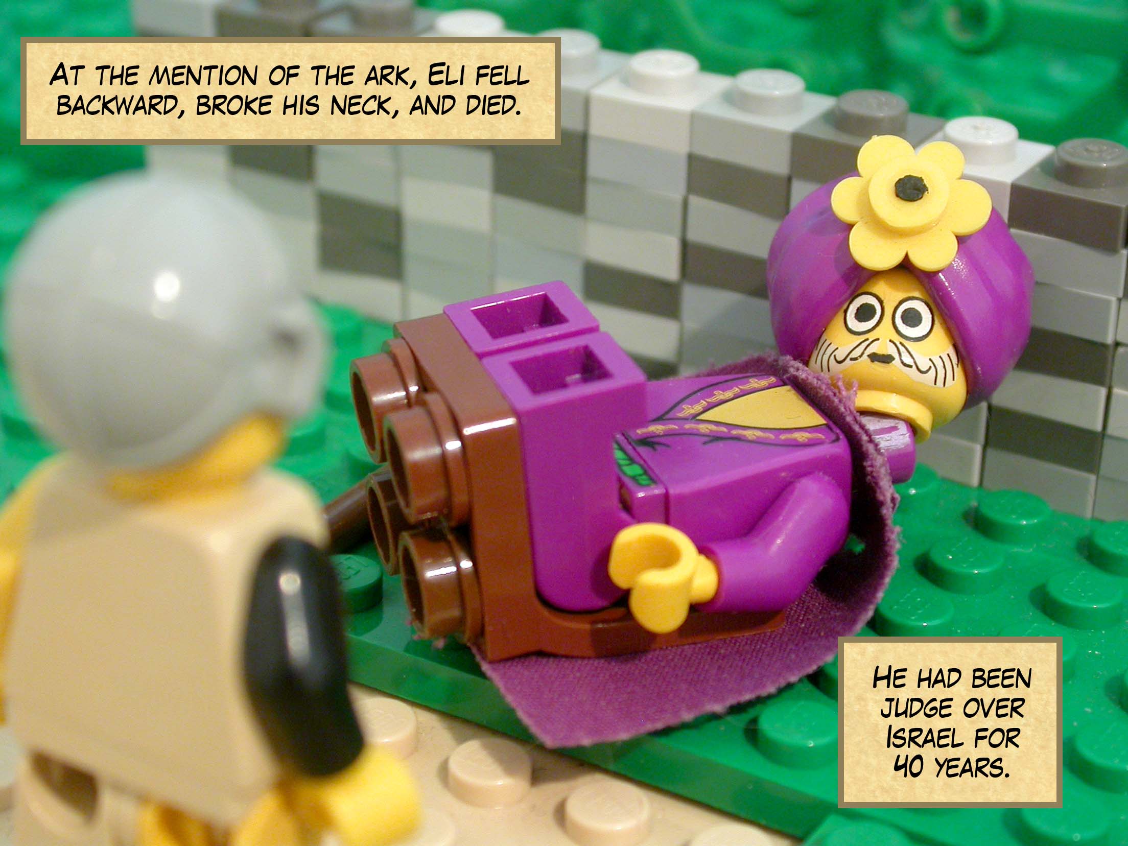 At the mention of the ark, Eli fell over backward, broke his neck, and died. He had been judge over Israel for 40 years.