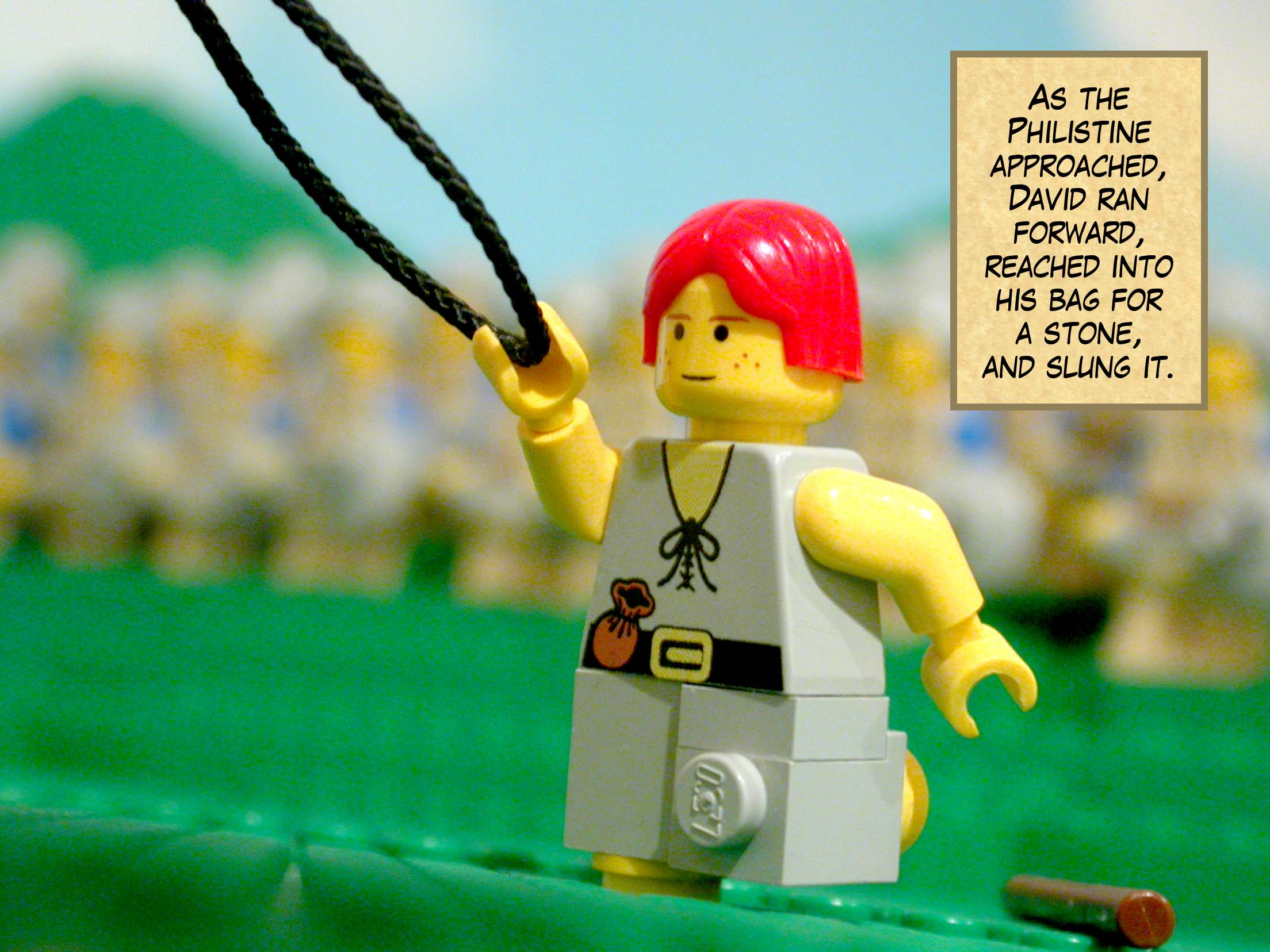 As the Philistine approached, David ran forward, reached into his bag for a stone, and slung it.