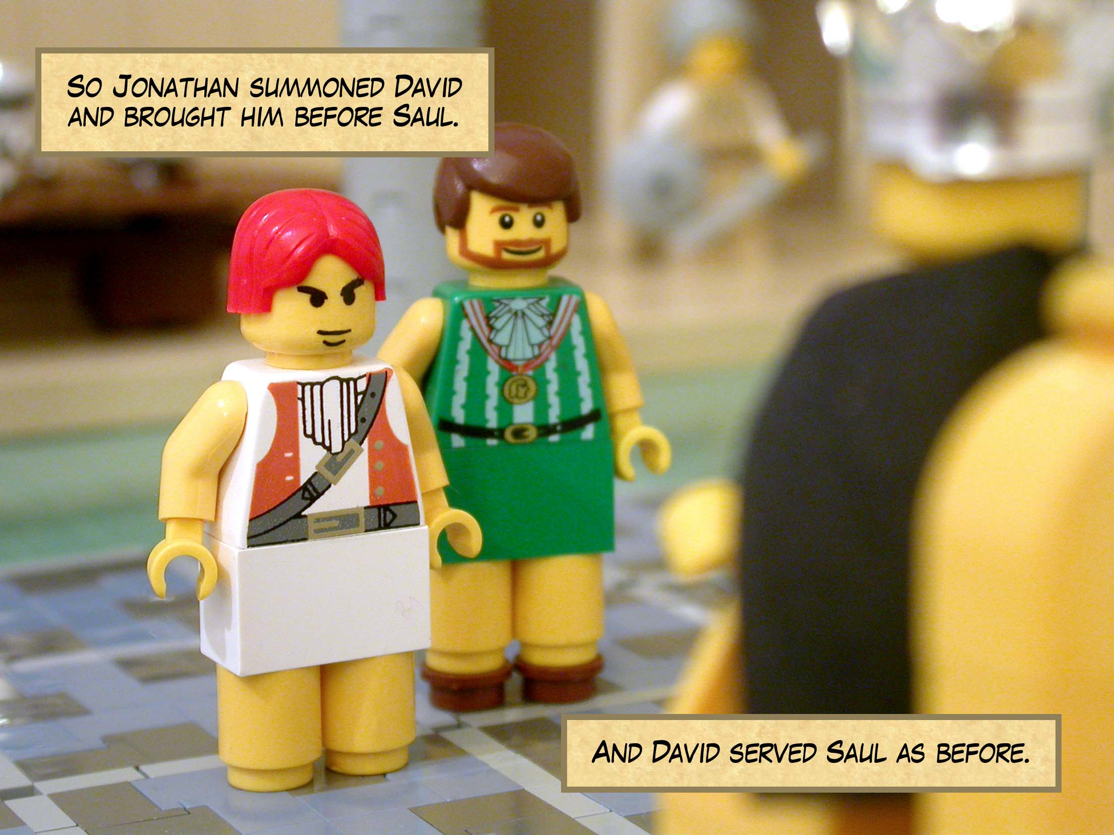 So Jonathan summoned David and brought him before Saul. And David served Saul as before.