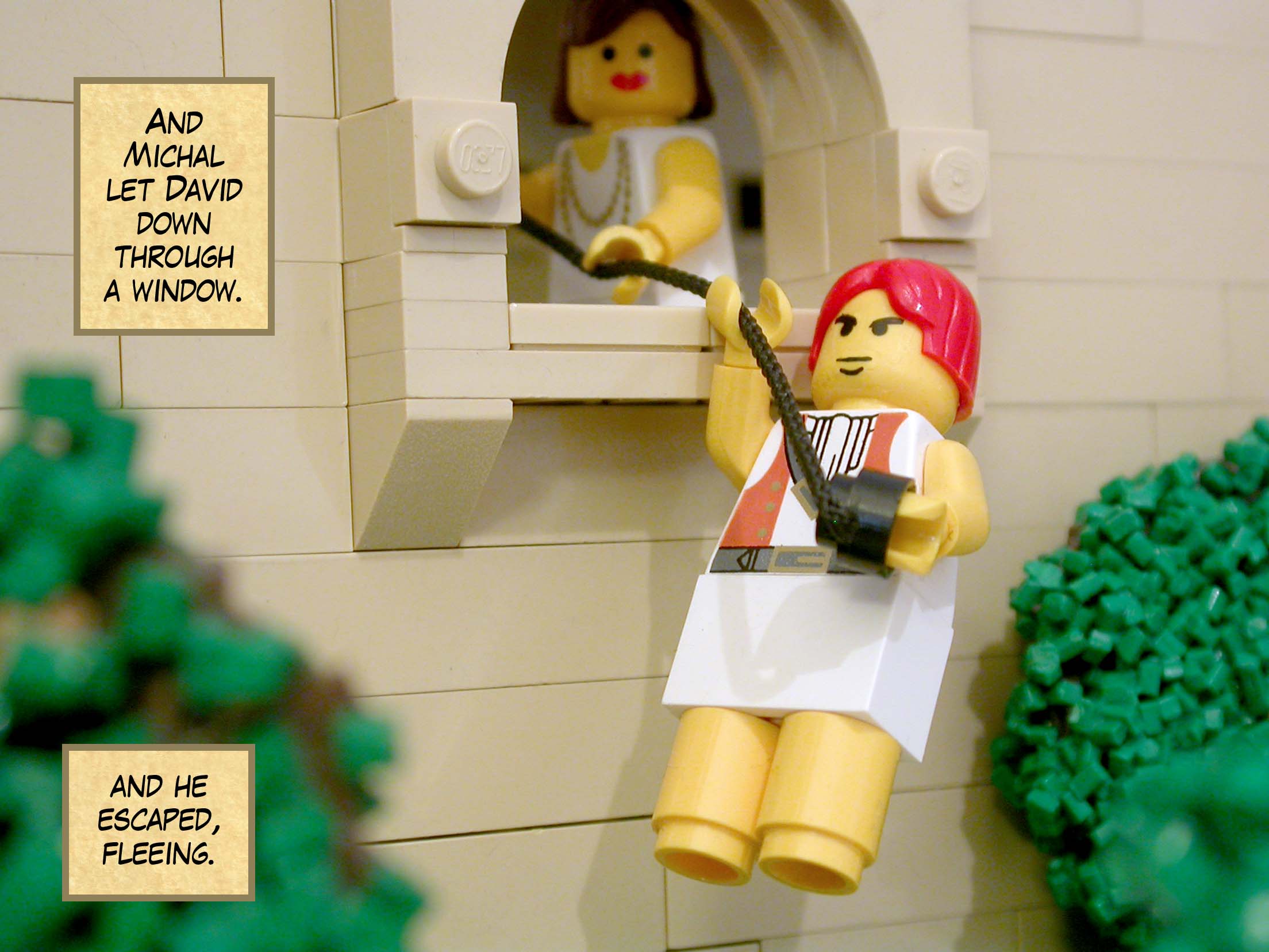 And Michal let David down through a window, and he escaped, fleeing.