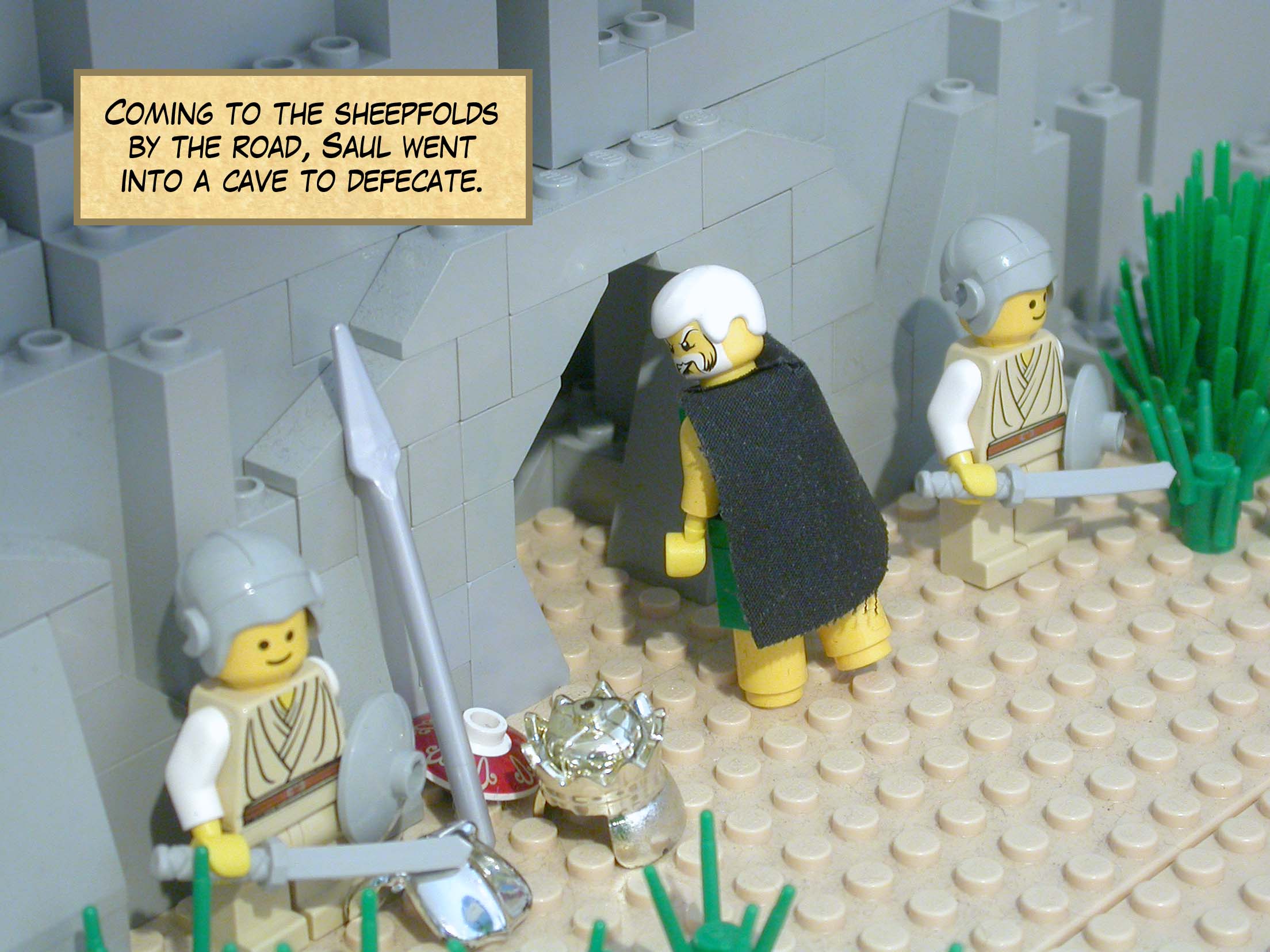 Coming to the sheepfolds by the road, Saul went into a cave to defecate.