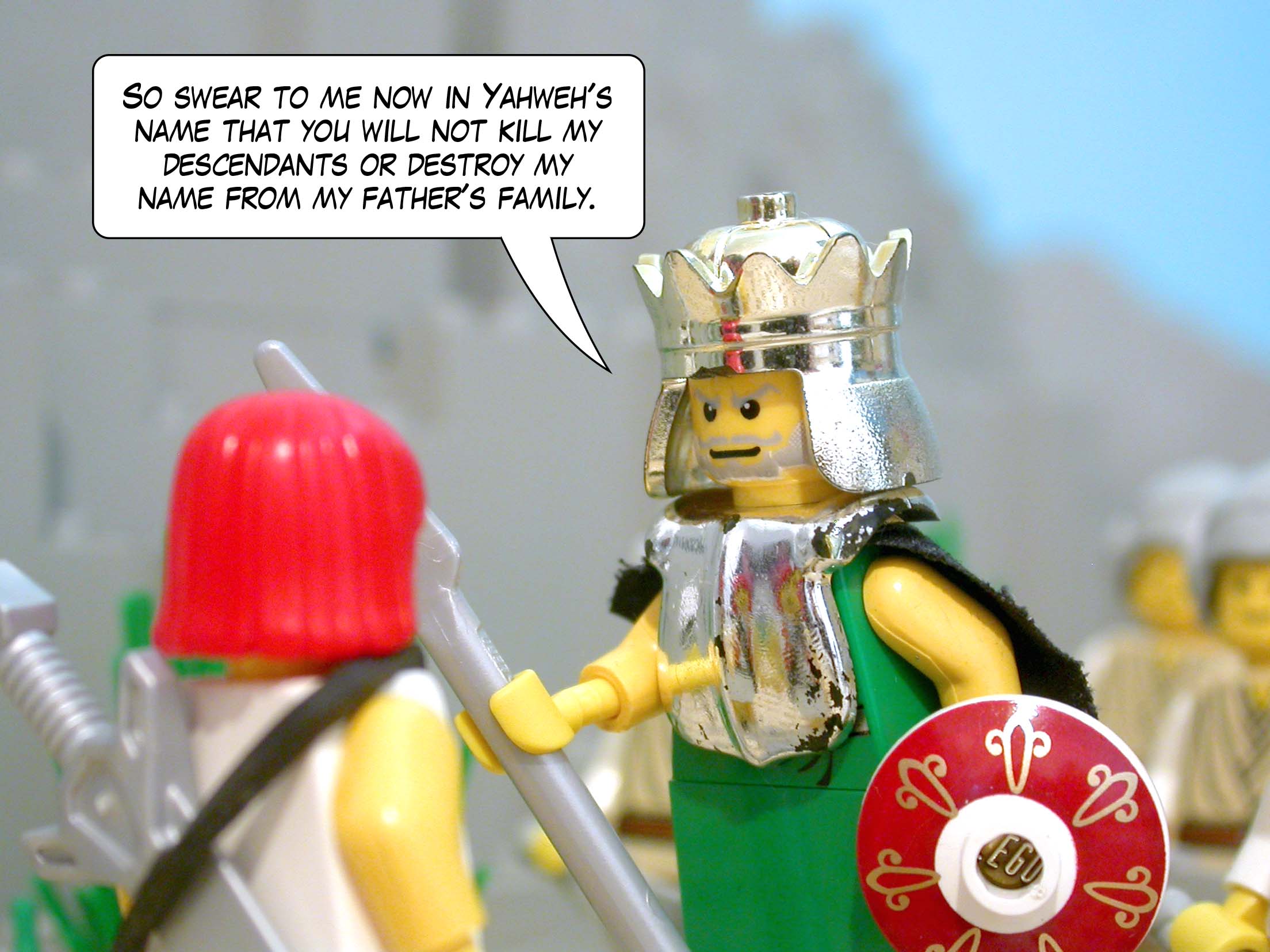 'So swear to me now in Yahweh's name that you will not kill my descendants or destroy my name from my father's family.'