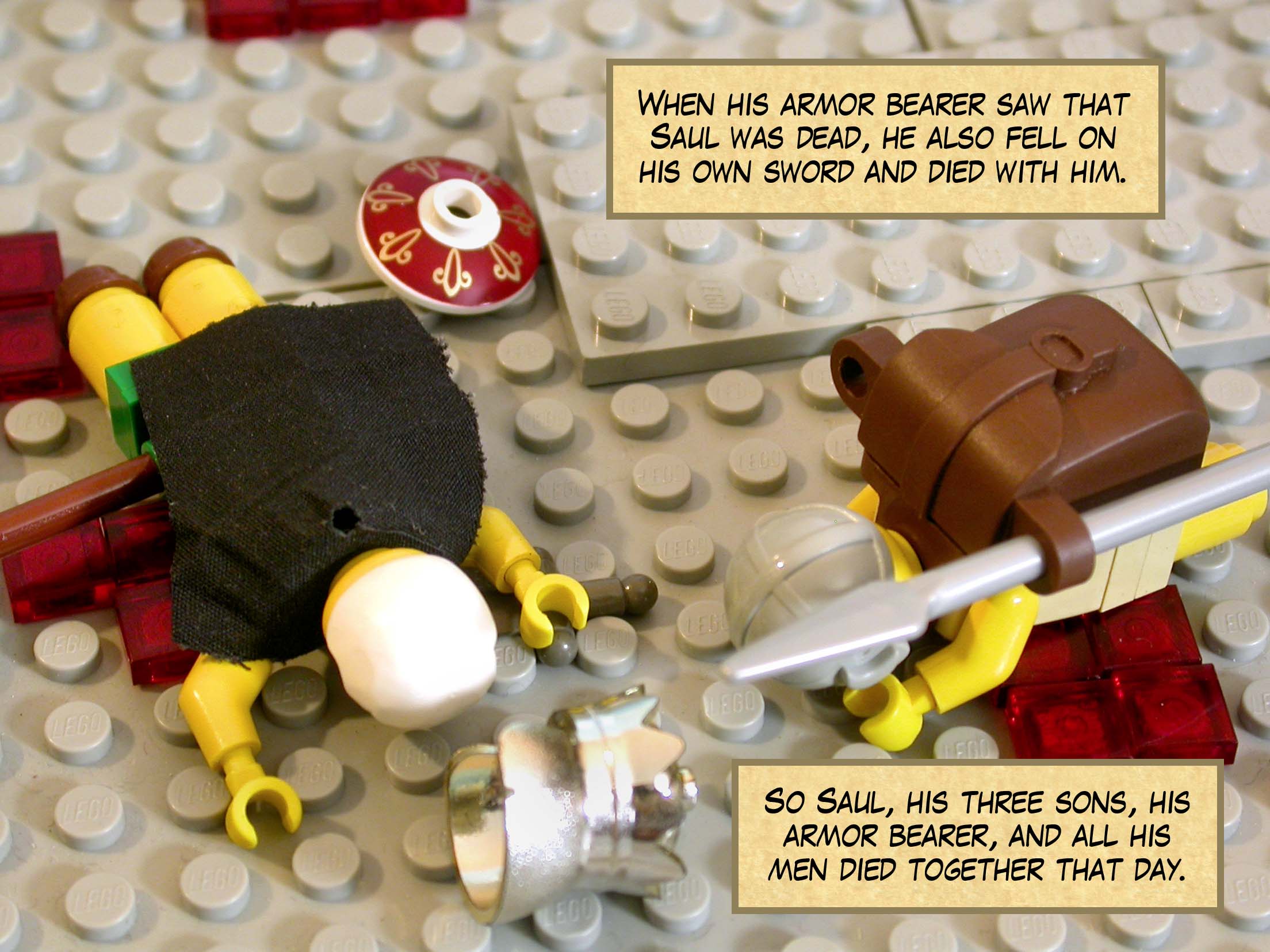 When his armor bearer saw that Saul was dead, he also fell on his own sword and died with him. So Saul, his three sons, his armor bearer, and all his men died together that day.