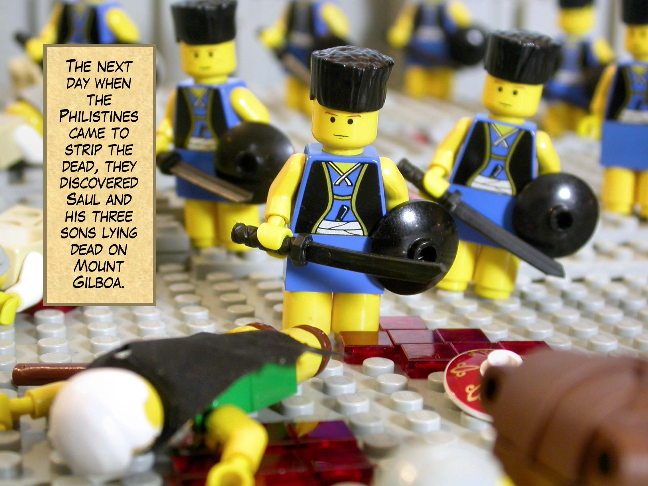 The next day when the Philistines came to strip the dead, they discovered Saul and his three sons lying dead on Mount Gilboa.