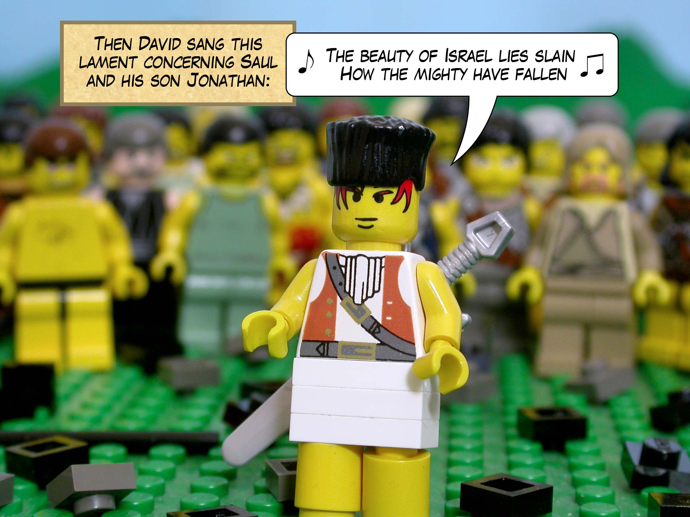 Then David sang this lament concerning Saul and his son Jonathan: 'The beauty of Israel lies slain! How the mighty have fallen!'