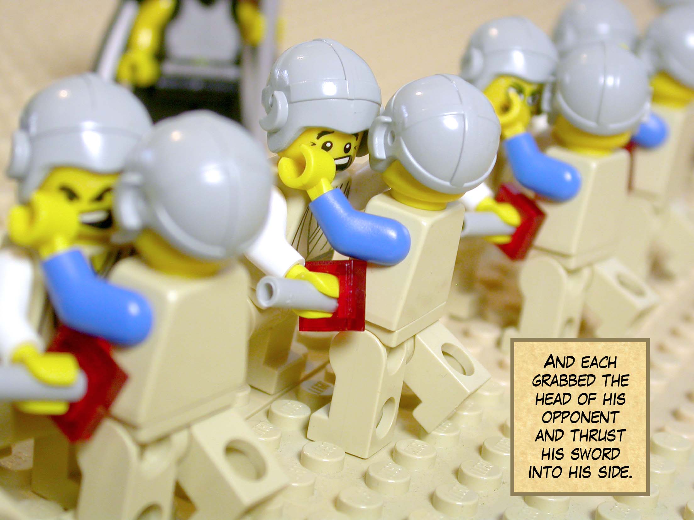 And each grabbed the head of his opponent and thrust his sword into his side.