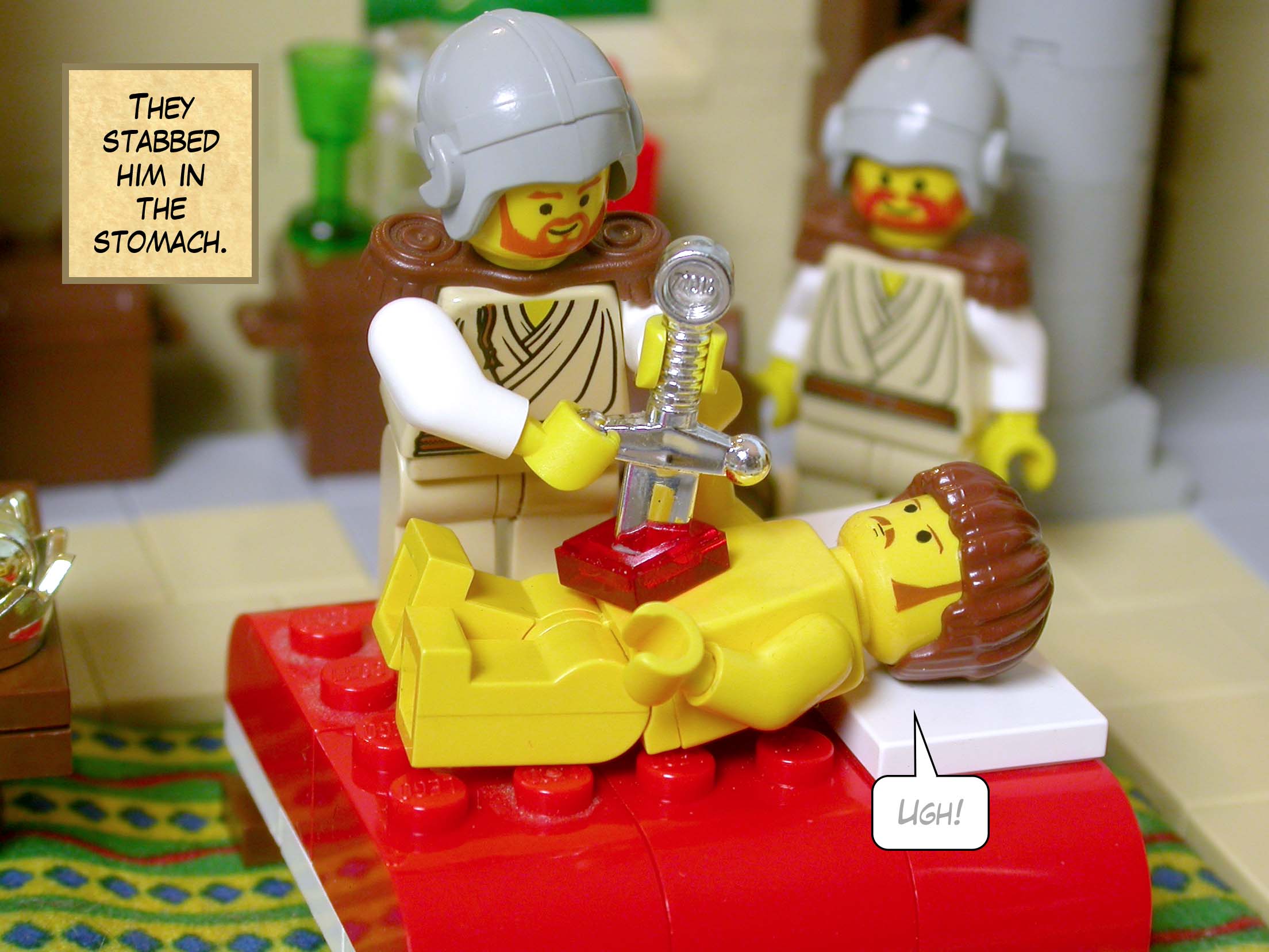 They stabbed him in the stomach.