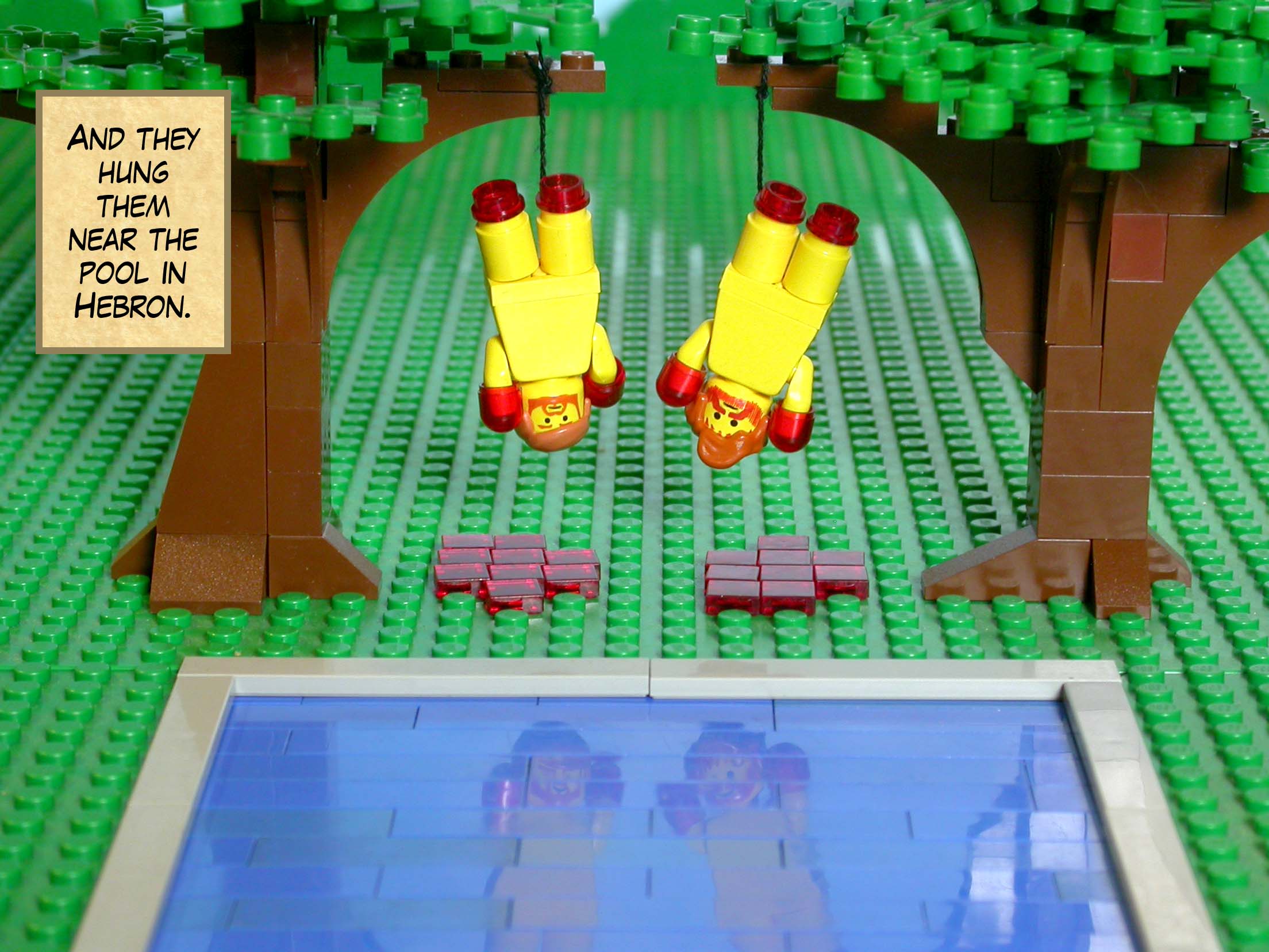 And they hung them near the pool in Hebron.