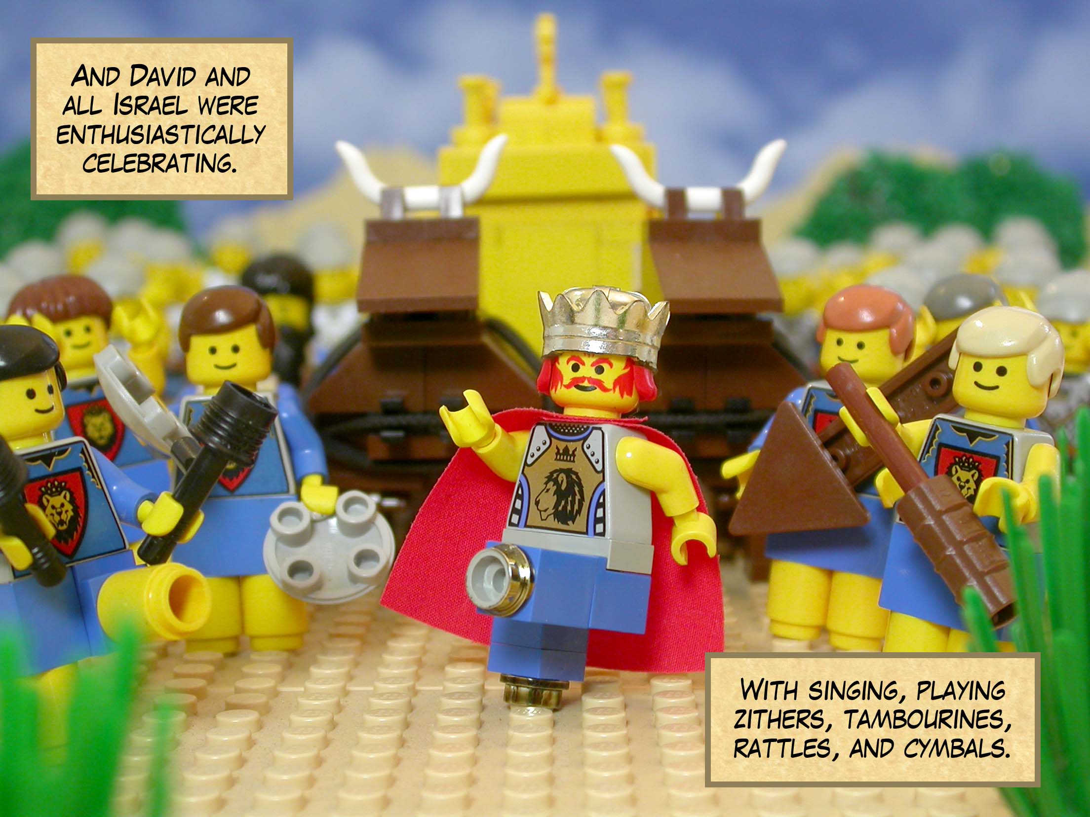 And David and all Israel were enthusiastically celebrating, singing, and playing zithers, tambourines, rattles, and cymbals.