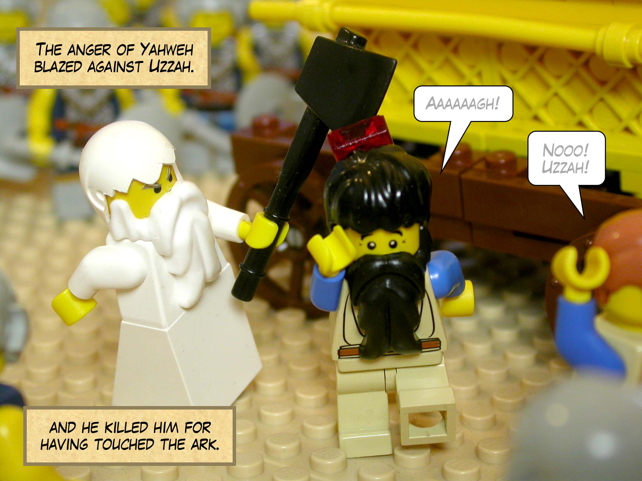 The anger of Yahweh blazed against Uzzah, and he killed him for having touched the ark.