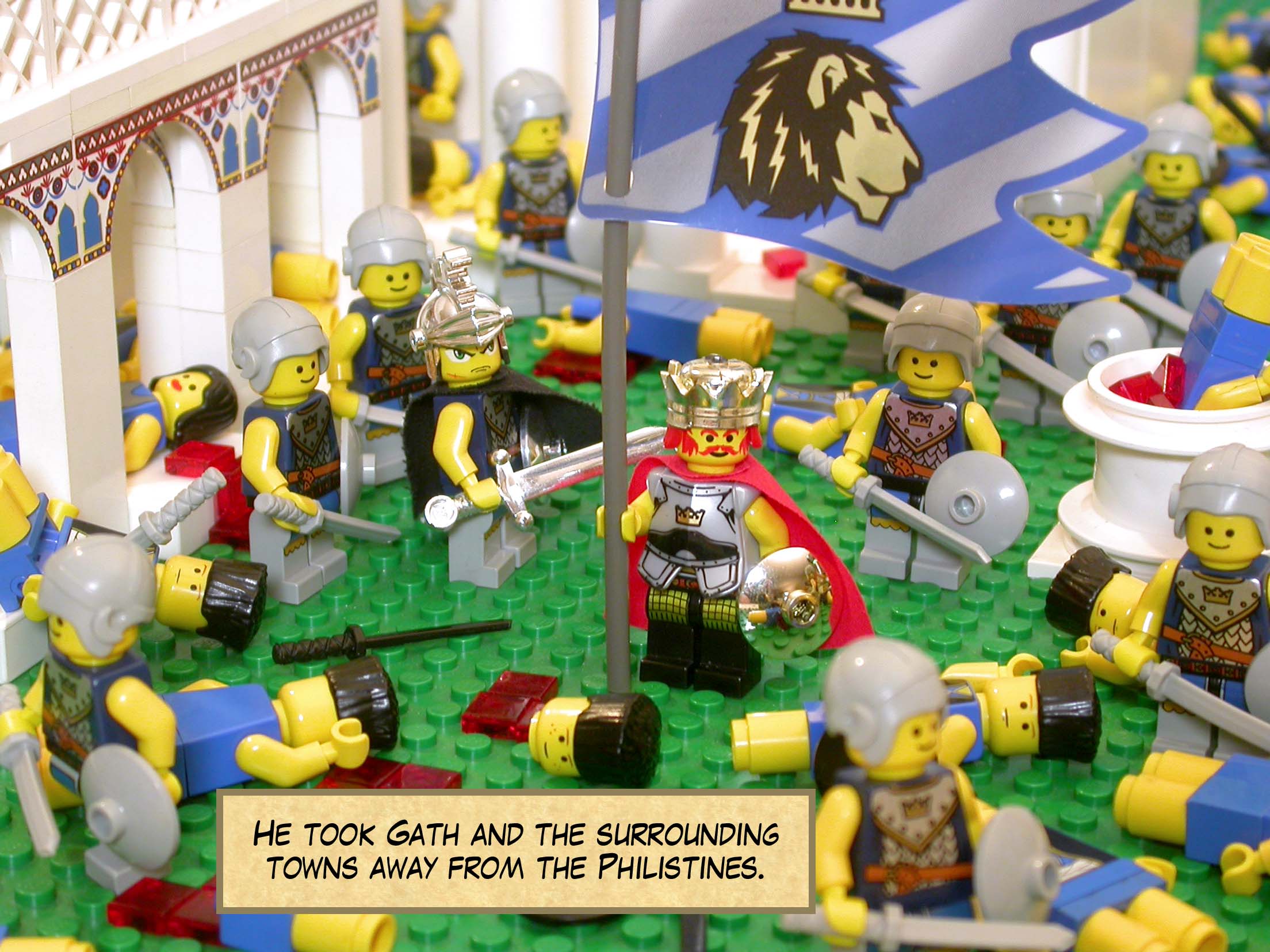 He took Gath and the surrounding towns away from the Philistines.