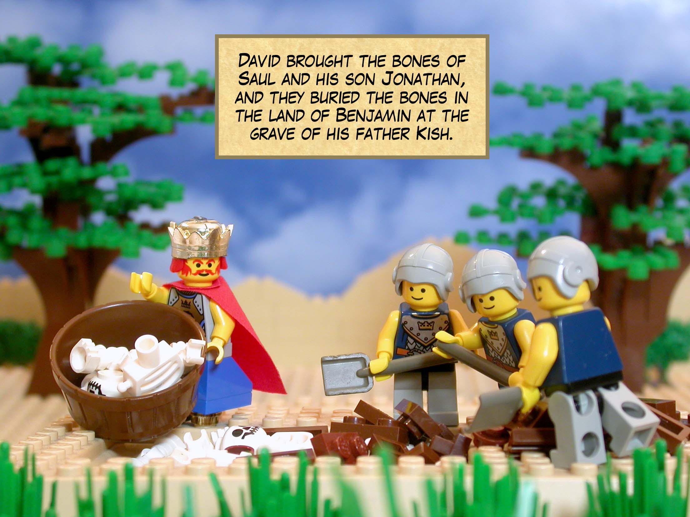David brought the bones of Saul and his son Jonathan, and they buried the bones in the land of Benjamin at the grave of his father Kish.