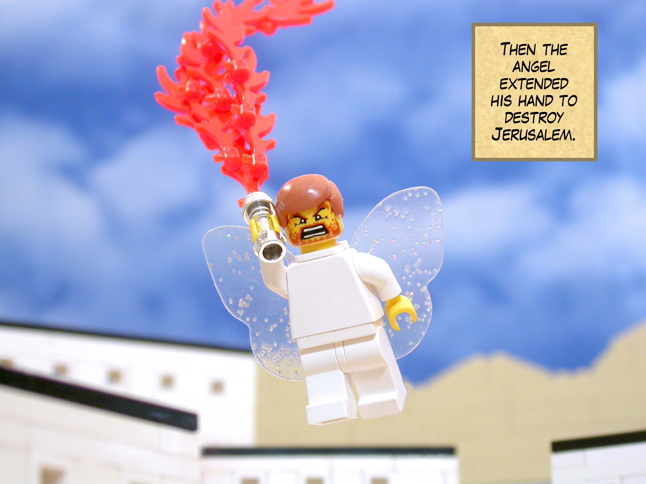 Then the angel extended his hand to destroy Jerusalem.