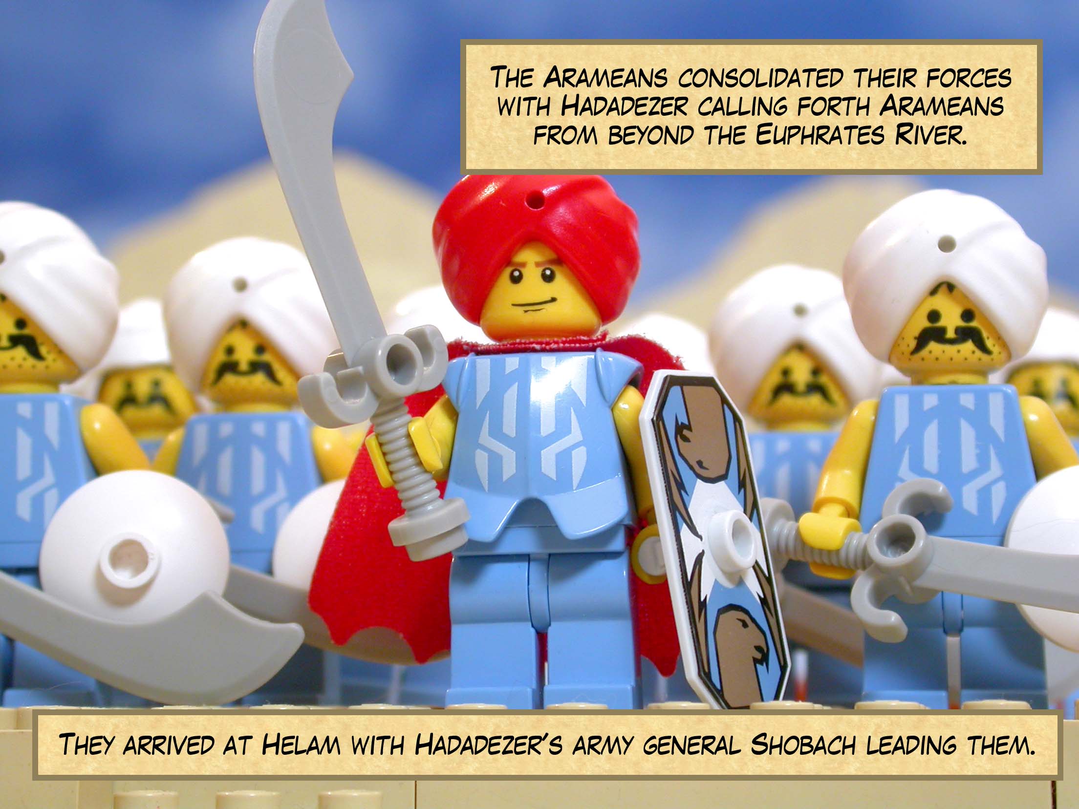 The Arameans consolidated their forces with Hadadezer calling forth Arameans from beyond the Euphrates River. They arrived at Helam with Hadadezer's army general Shobach leading them.