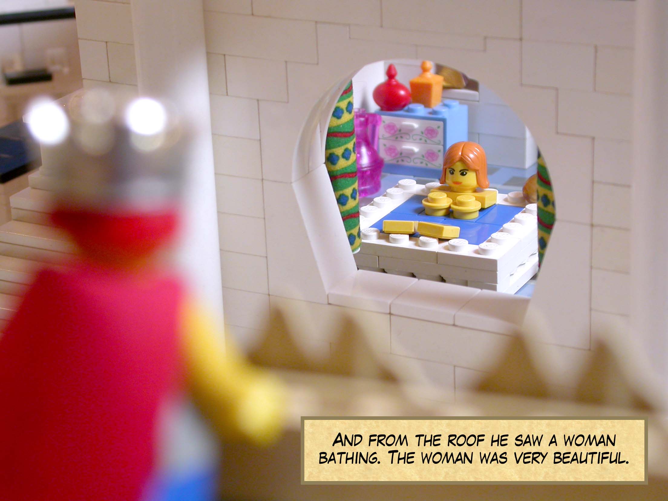 And from the roof he saw a woman bathing. The woman was very beautiful.