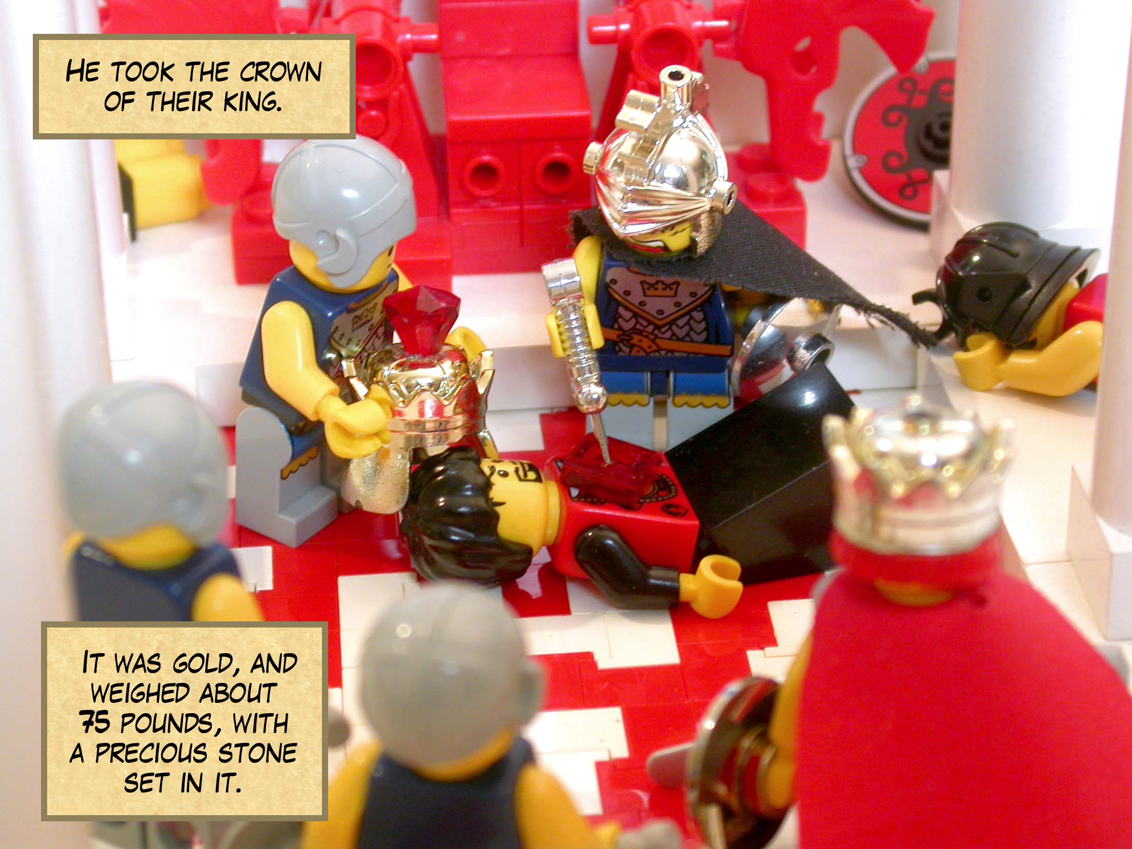 He took the crown of their king. It was gold, weighed about 75 pounds, with a precious stone set in it.