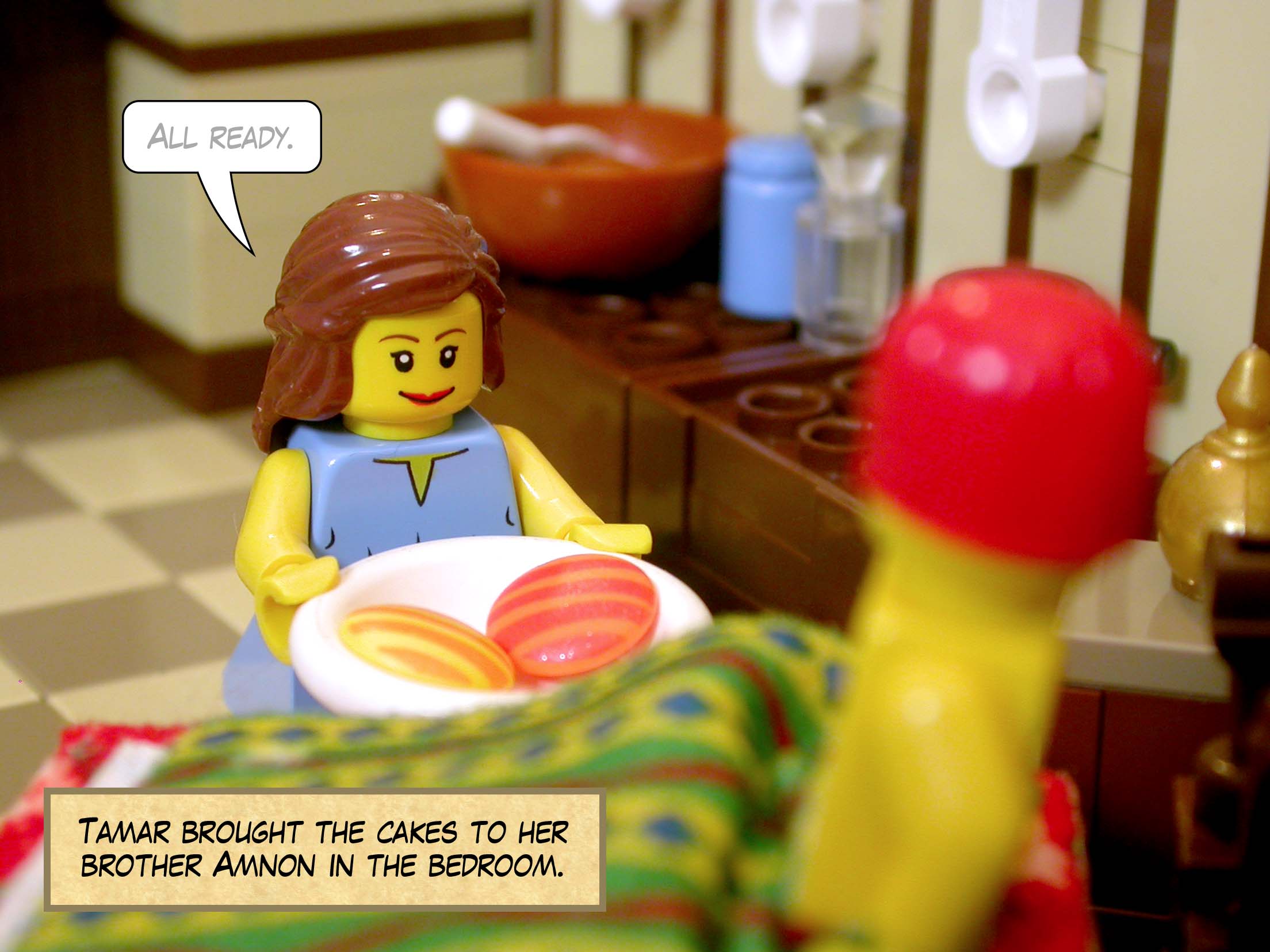 Tamar brought the cakes to her brother Amnon in the bedroom.