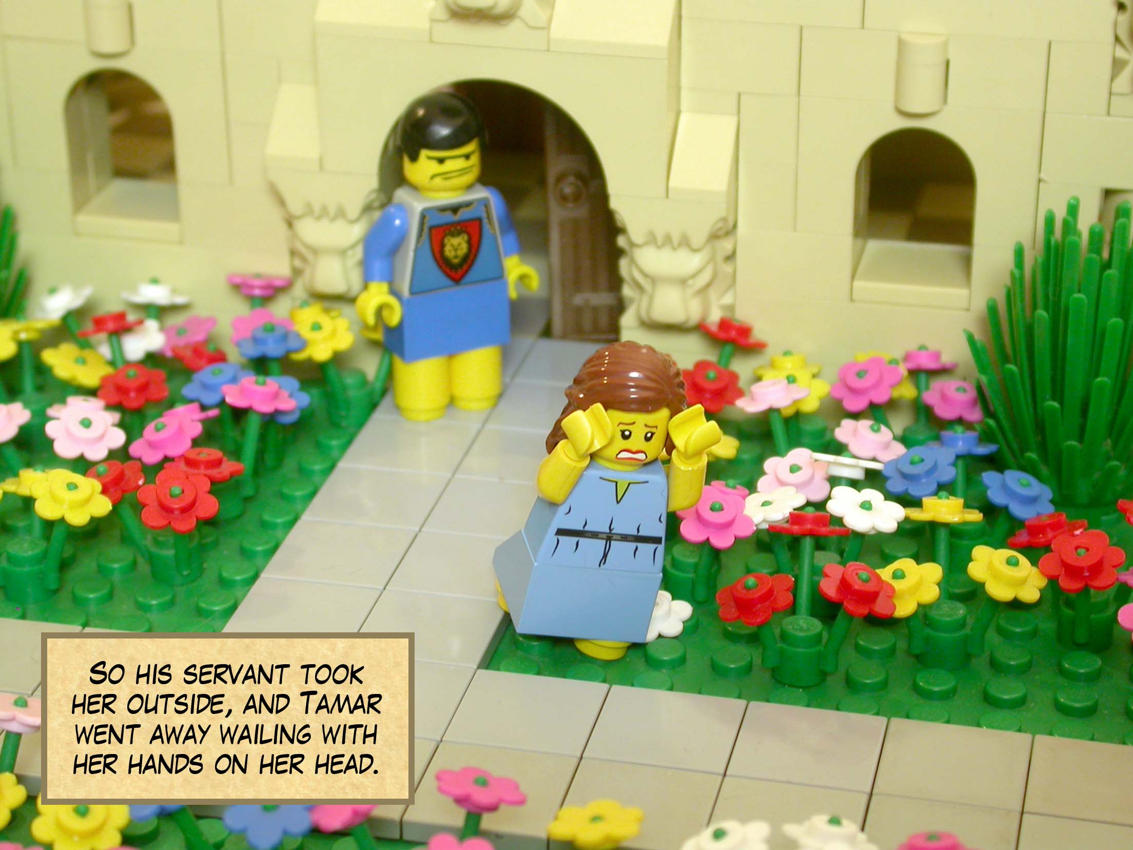 So his servant took her outside, and Tamar went away wailing with her hands on her head.