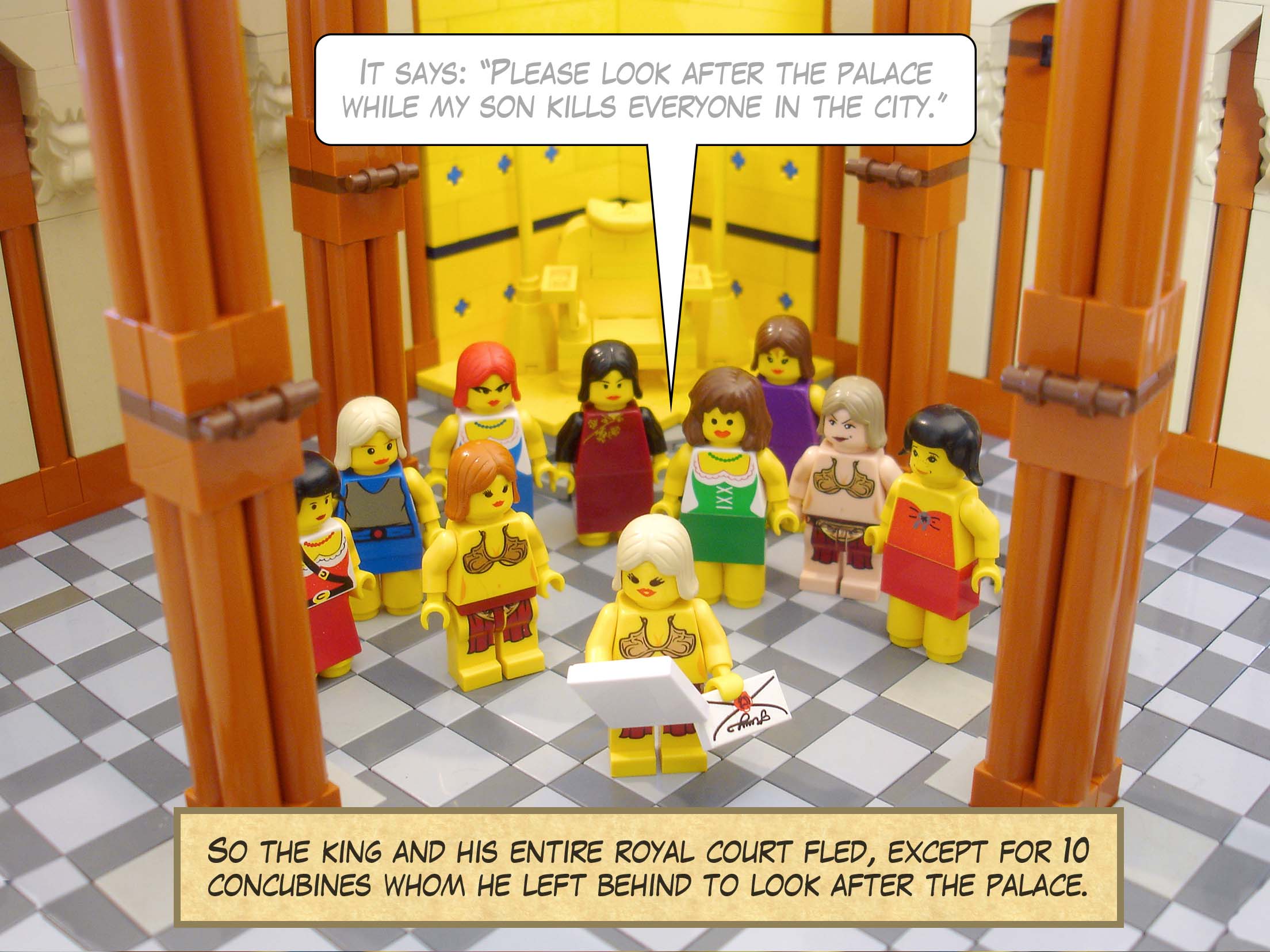 So the king and his entire royal court fled, except for ten concubines whom he left behind to look after the palace.