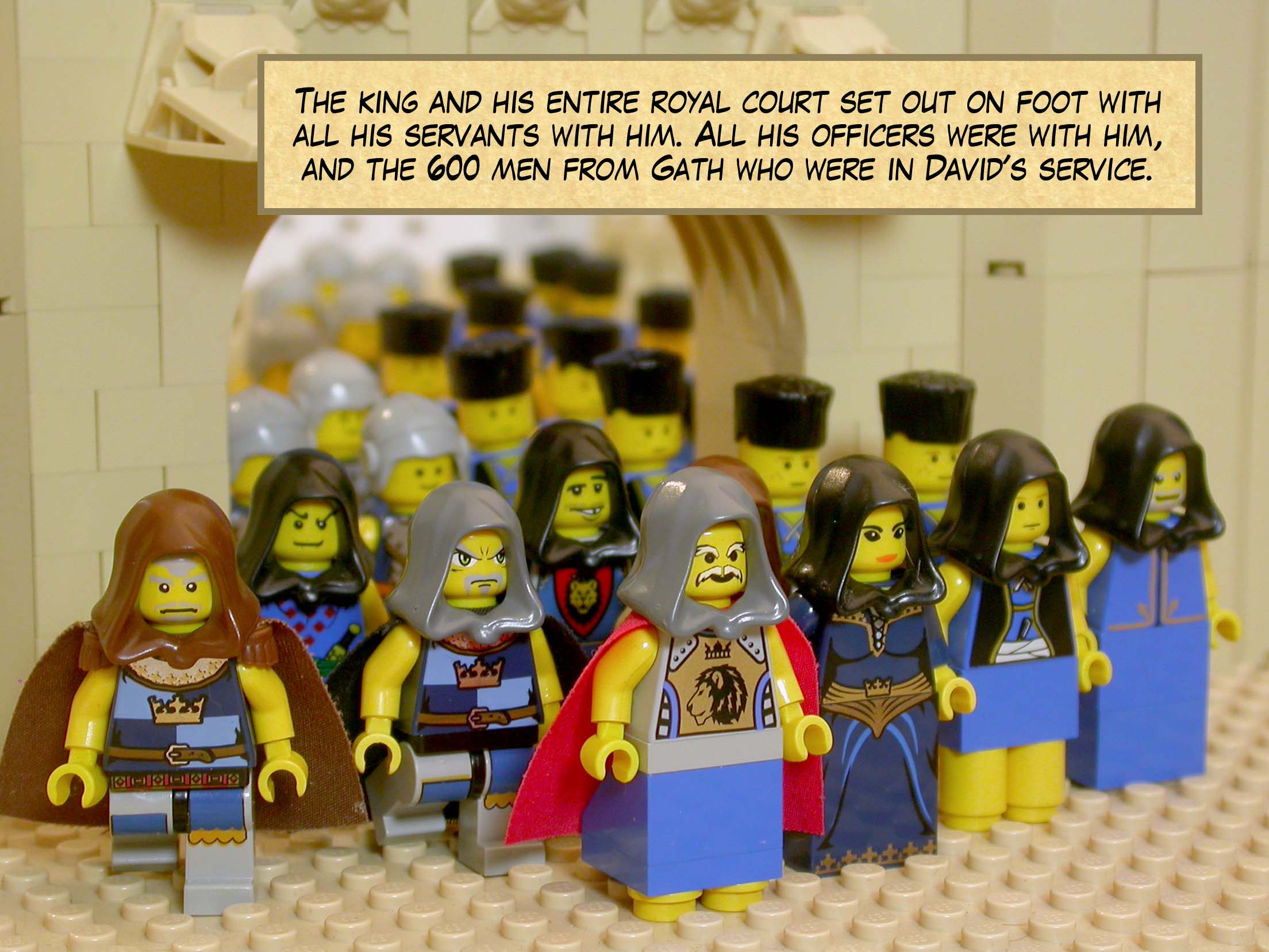 The king and his entire royal court set out on foot with all his servants with him. All his officers were with him, all the Cherethites, the Pelethites, and the 600 men from Gath who were in David's service.