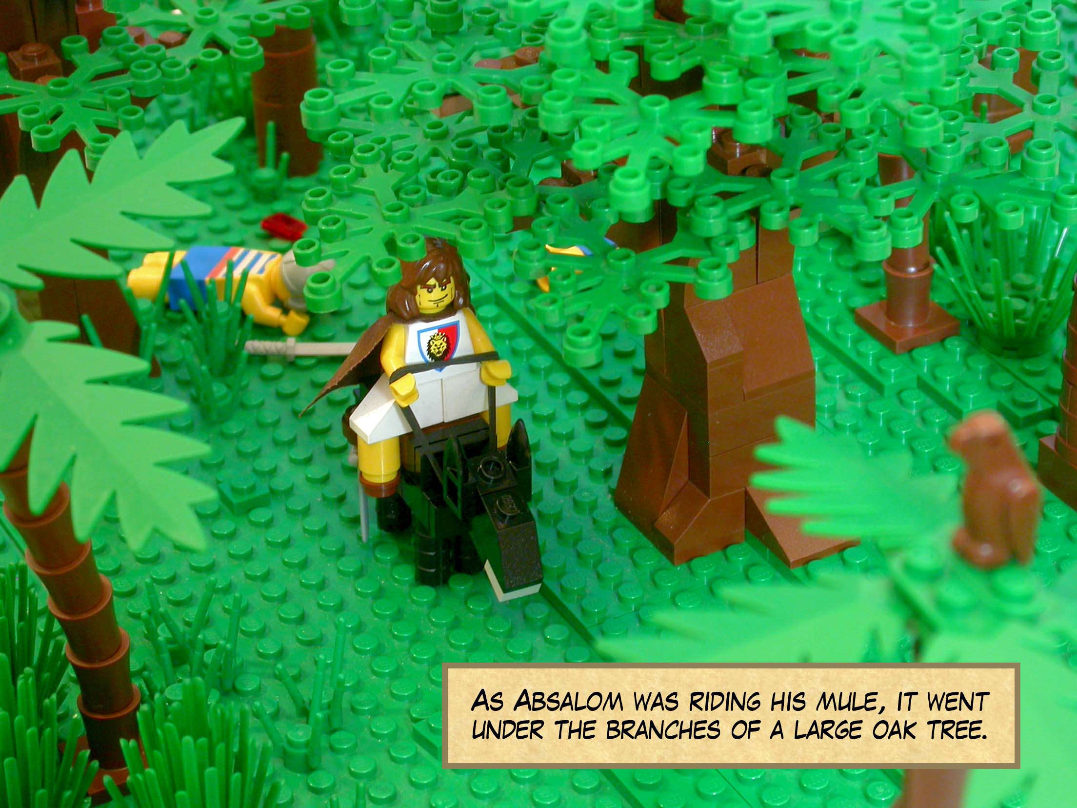 As Absalom was riding his mule, it went under the branches of a large oak tree.