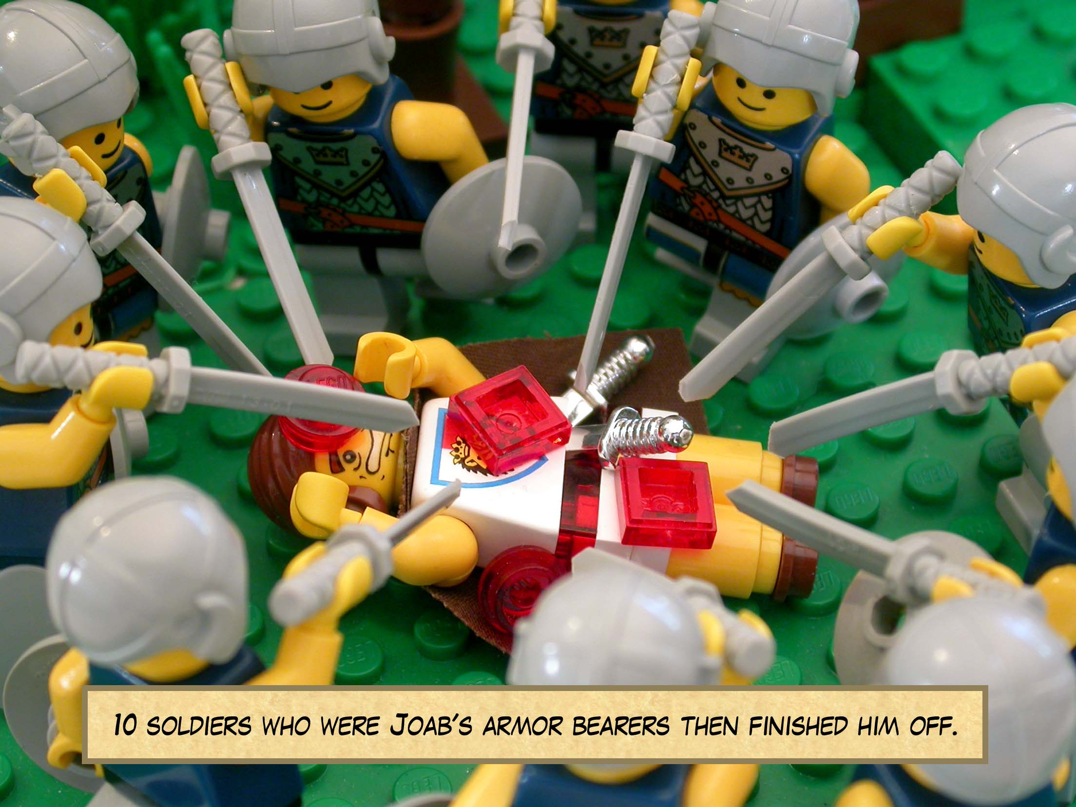 Ten soldiers who were Joab's armor bearers then finished him off.
