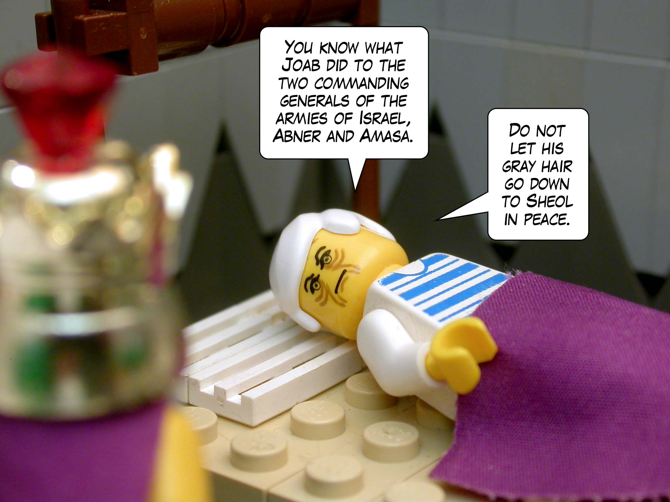 'You know what Joab did to the two commanding generals of the armies of Israel, Abner and Amasa. Do not let his gray hair go down to Sheol in peace.'