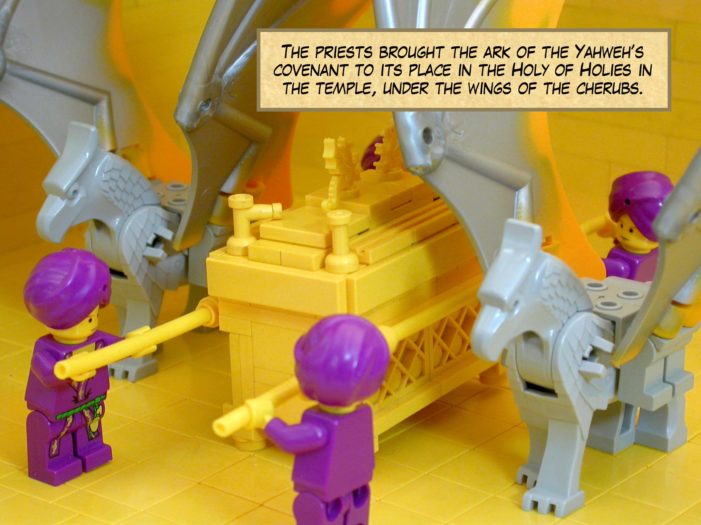 The priests brought the ark of the Yahweh’s covenant to its place in the Holy of Holies in the temple, under the wings of the cherubs.