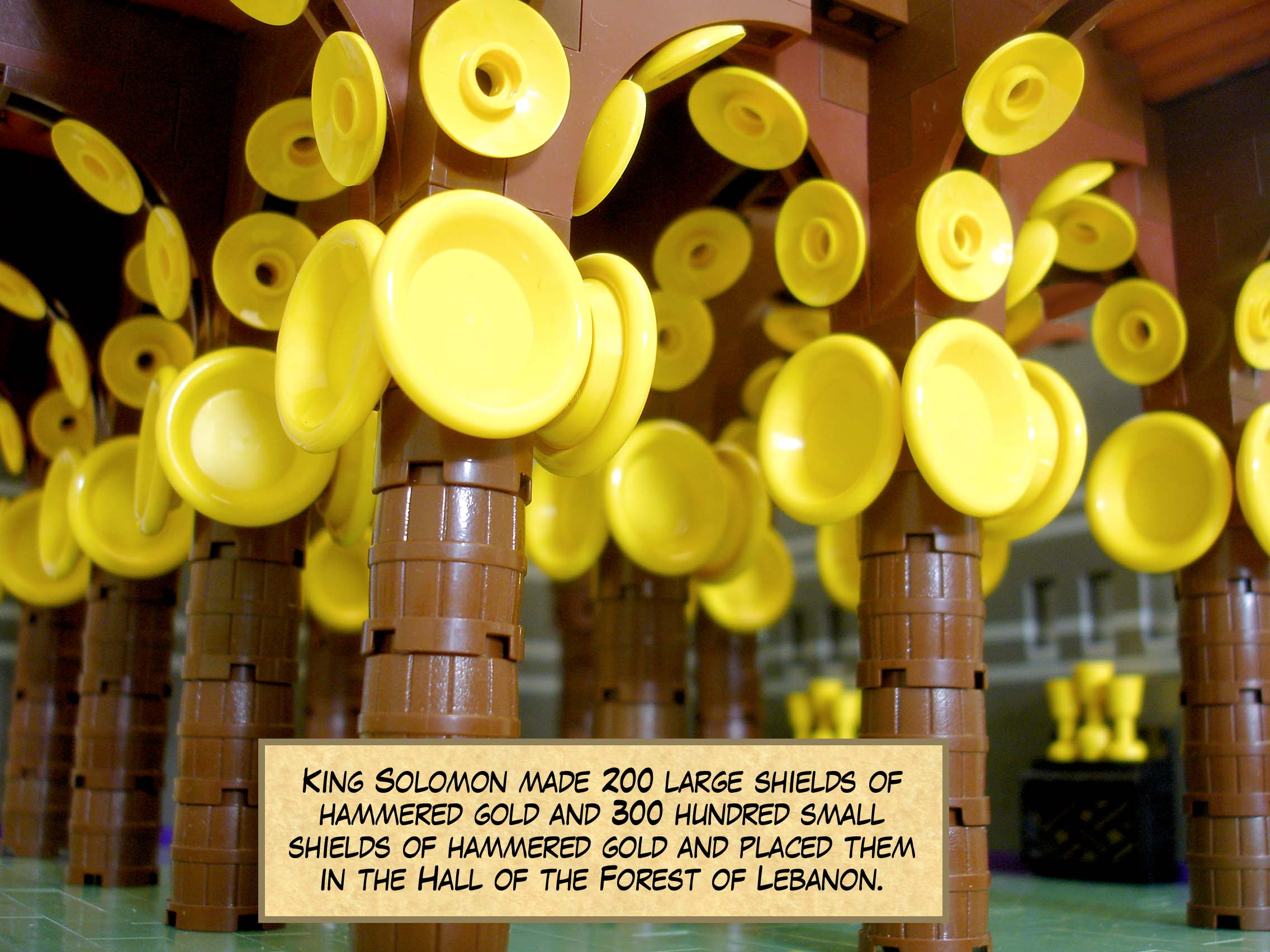 King Solomon made two hundred large shields of hammered gold and three hundred small shields of hammered gold and placed them in the Hall of the Forest of Lebanon.
