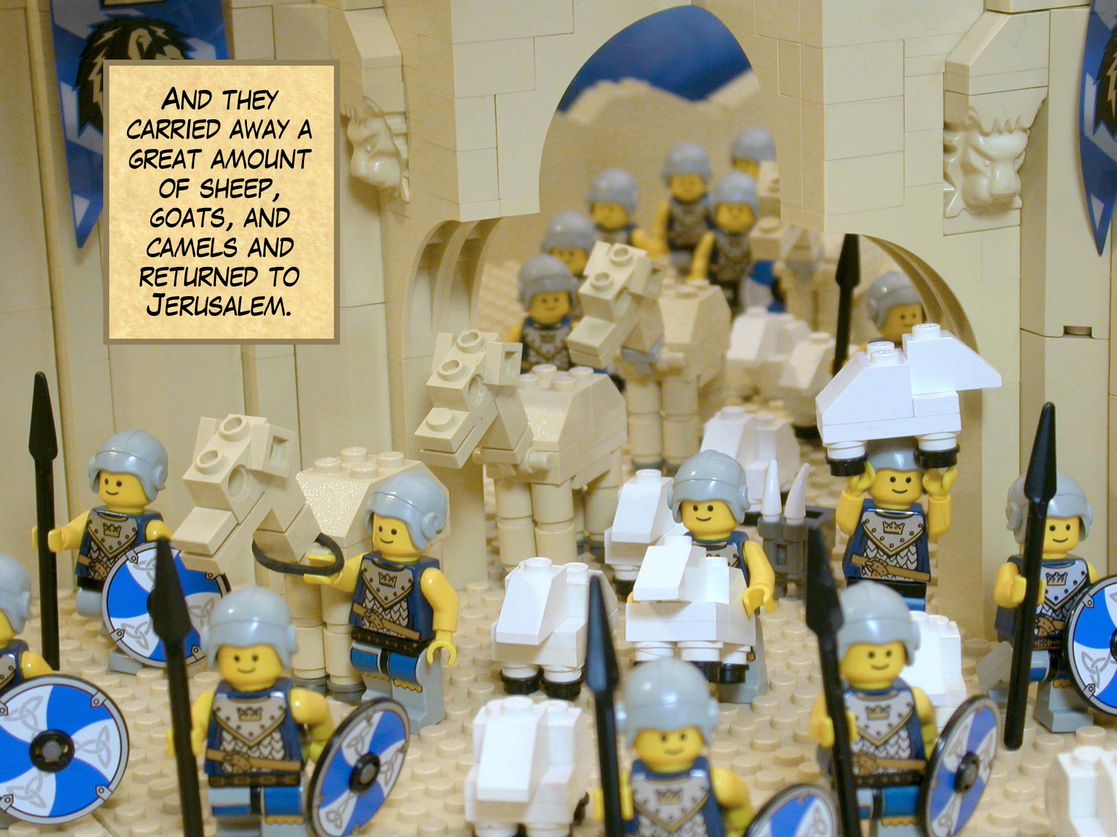 And they carried away a great amount of sheep, goats, and camels and returned to Jerusalem.