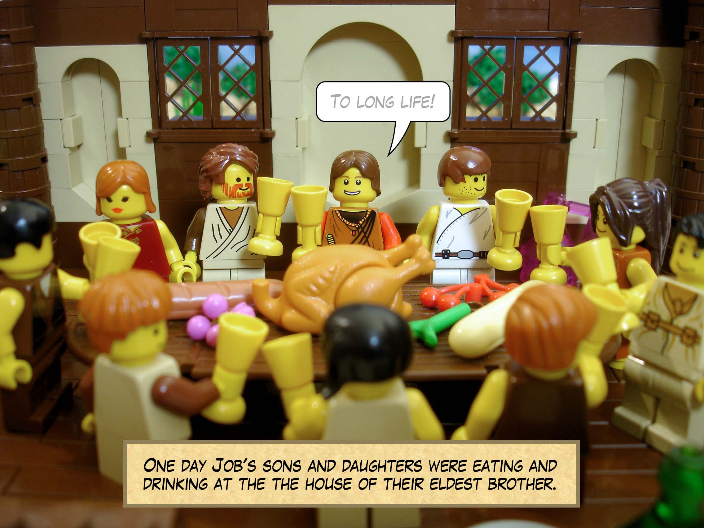 One day Job's sons and daughters were eating and drinking at the the house of their eldest brother.<br>