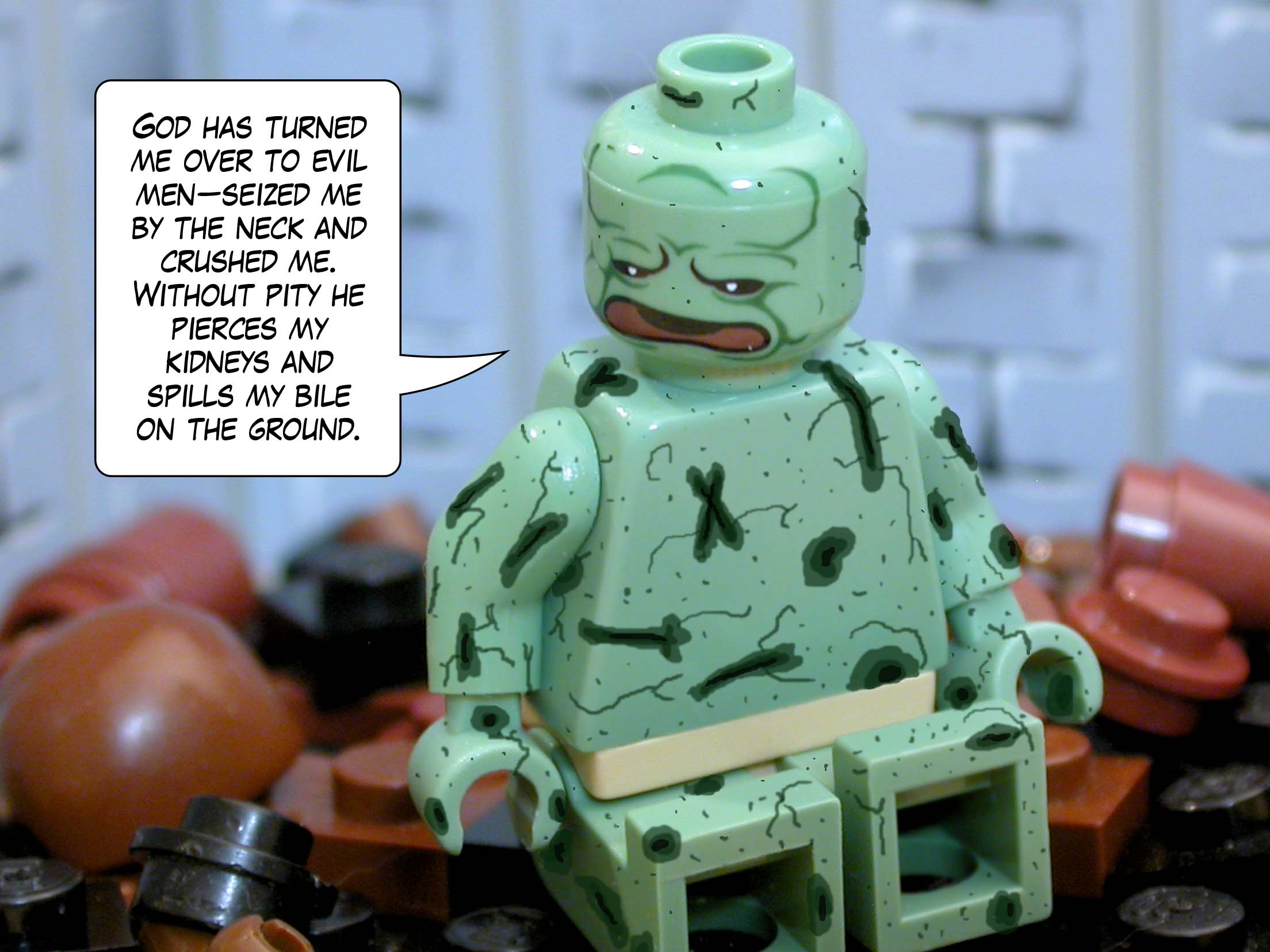 'God has turned me over to evil men--seized me by the neck and crushed me. Without pity he pierces my kidneys and spills my bile on the ground.'<br>