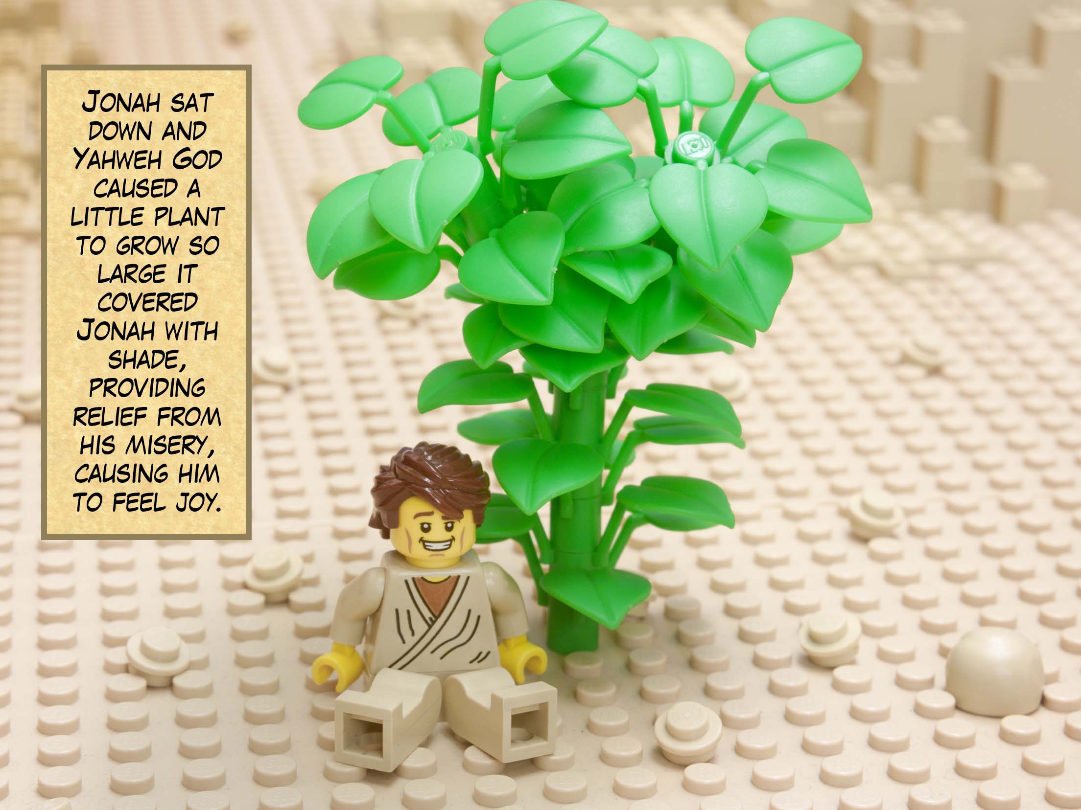 Jonah sat down and Yahweh God caused a little plant to grow so large it covered Jonah with shade, providing relief from his misery, causing him to feel joy.
